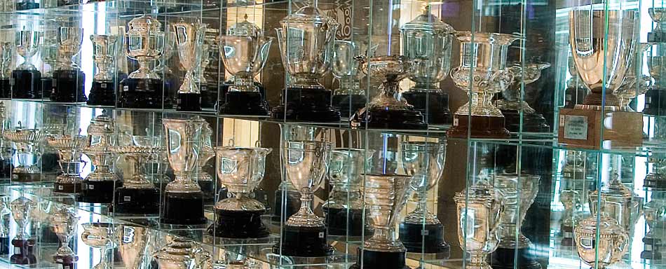 Close-up of trophies from one of the clubs playing in La Liga