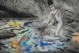 Composició. Josep Uclés (1985). R.1156. Tusz, grafit, akwarela i brokat na papierze. 45 x 62.4 cm.