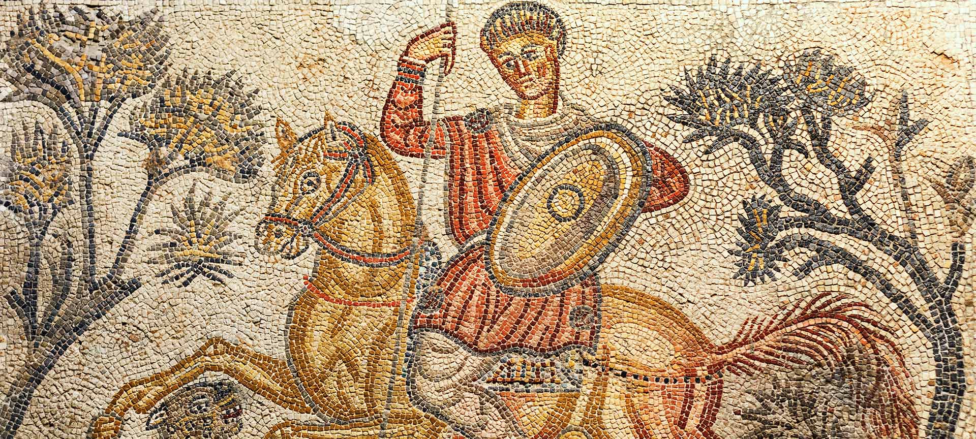 Mosaic depicting a hunting scene. National Museum of Roman Art in Mérida Mosaic depicting a hunting scene. National Museum of Roman Art in Mérida