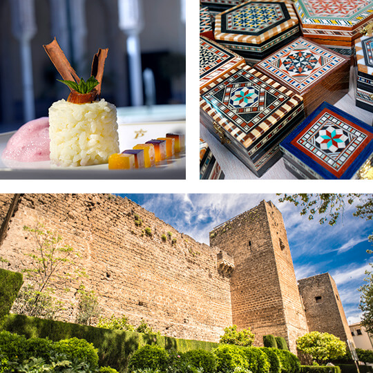 U góry z lewej: Arroz con leche i daktyle © Parador de Carmona. U góry z prawej: Szkatułki w stylu nasrydzkim, arabskie rękodzieło w Grenadzie U dołu: Zamek w Priego de Córdoba © Ayuntamiento de Priego de Córdoba