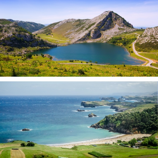 Above: Covadonga Lakes in the Picos de Europa, Asturias / Below: Toranda Beach, Asturias