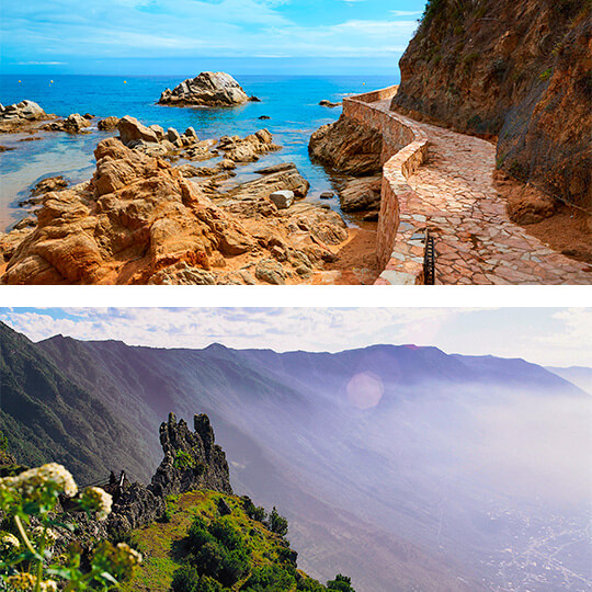 Haut : Camí de Ronda à Lloret de Mar, Gérone. Bas : Camino de Jinama, El Hierro, Îles Canaries