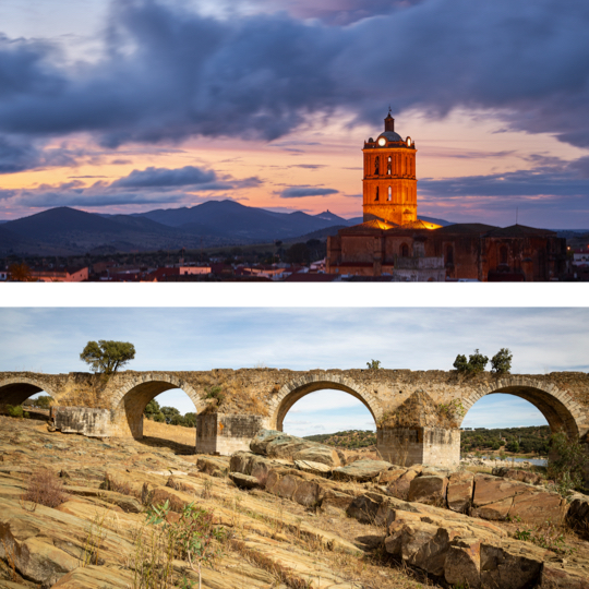 Above: View of the town of Zafra in Extremadura / Below: Bridge that connects Portugal and Spain in Olivenza, Extremadura