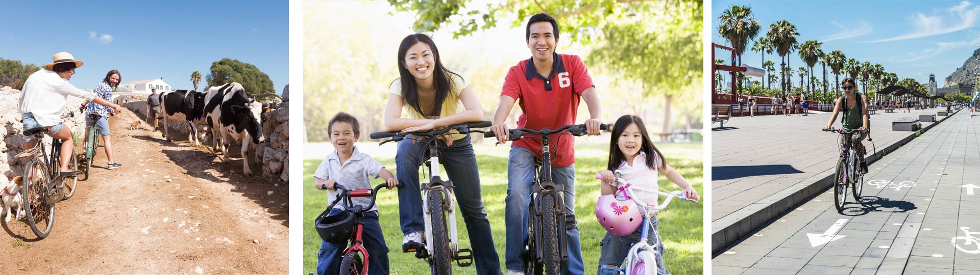 Da esquerda para a direita: Turistas de bicicleta em Menorca / Família / Ciclista em Barcelona