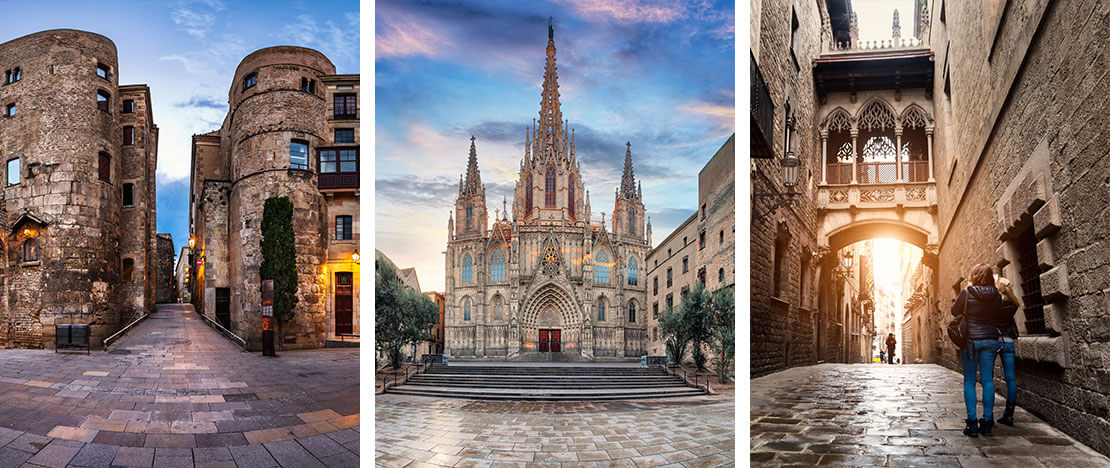 Left: Entrance to the Gothic Quarter / Centre: Barcelona Cathedral / Right: Puente del Bisbe in Barcelona, Catalonia Left: Entrance to the Gothic Quarter / Centre: Barcelona Cathedral / Right: Puente del Bisbe in Barcelona, Catalonia