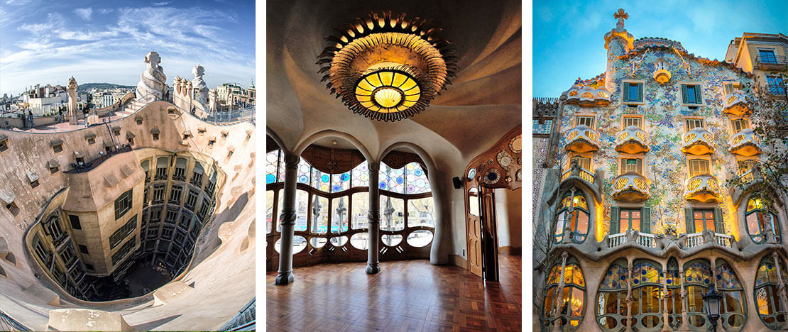 Left: Casa Milà © Jaroslav Moravcik / Centre: Interior of Casa Batlló © Montipaiton / Right: Casa Batlló in Barcelona, Catalonia © Alan Tan Left: Casa Milà © Jaroslav Moravcik / Centre: Interior of Casa Batlló © Montipaiton / Right: Casa Batlló in Barcelona, Catalonia © Alan Tan