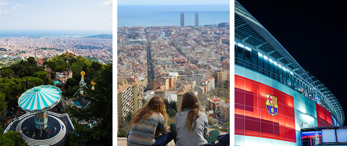 Left: Views from Tibidabo / Centre: Views of Barcelona from the Carmel Bunkers / Right: Exterior views of Camp Nou in Barcelona, Catalonia Left: Views from Tibidabo / Centre: Views of Barcelona from the Carmel Bunkers / Right: Exterior views of Camp Nou in Barcelona, Catalonia
