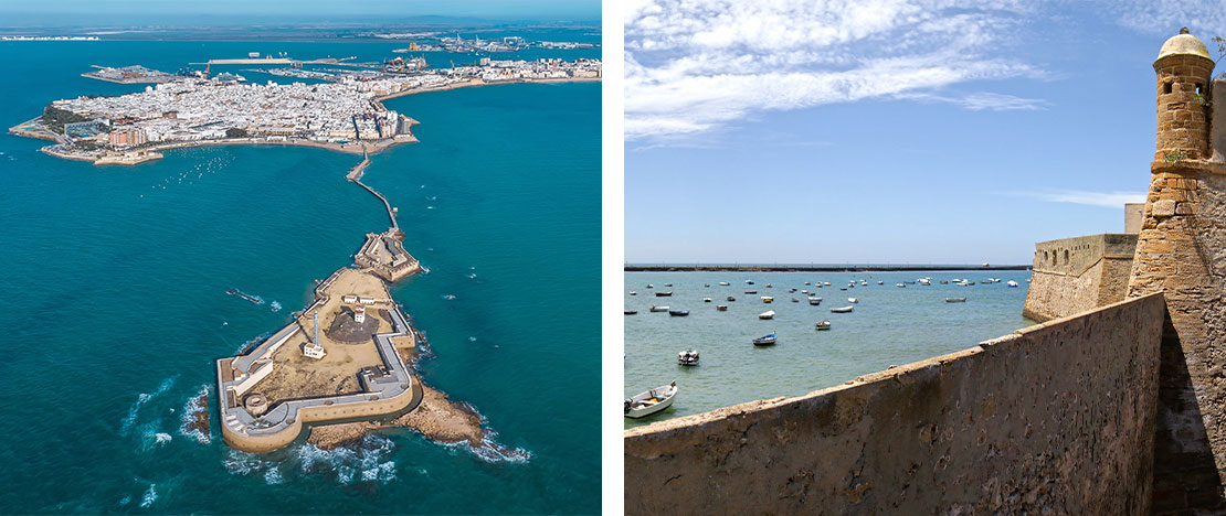 Izquierda: Vista aérea de Cádiz y el castillo de San Sebastián / Derecha: Castillo de Santa Catalina en Cádiz, Andalucía Izquierda: Vista aérea de Cádiz y el castillo de San Sebastián / Derecha: Castillo de Santa Catalina en Cádiz, Andalucía