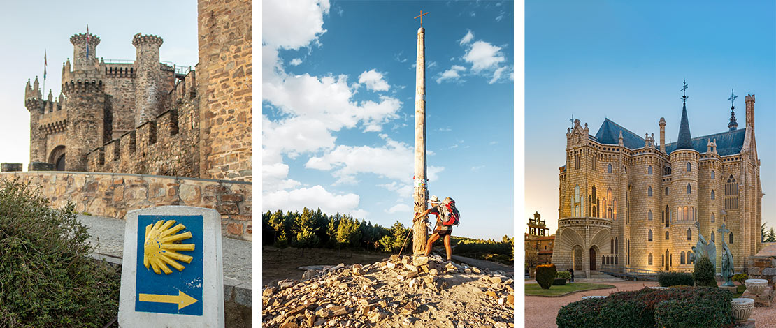 À gauche : Château médiéval de Ponferrada / Au centre : Cruz de Ferro / À droite : Palais épiscopal d’Astorga À gauche : Château médiéval de Ponferrada / Au centre : Cruz de Ferro / À droite : Palais épiscopal d’Astorga