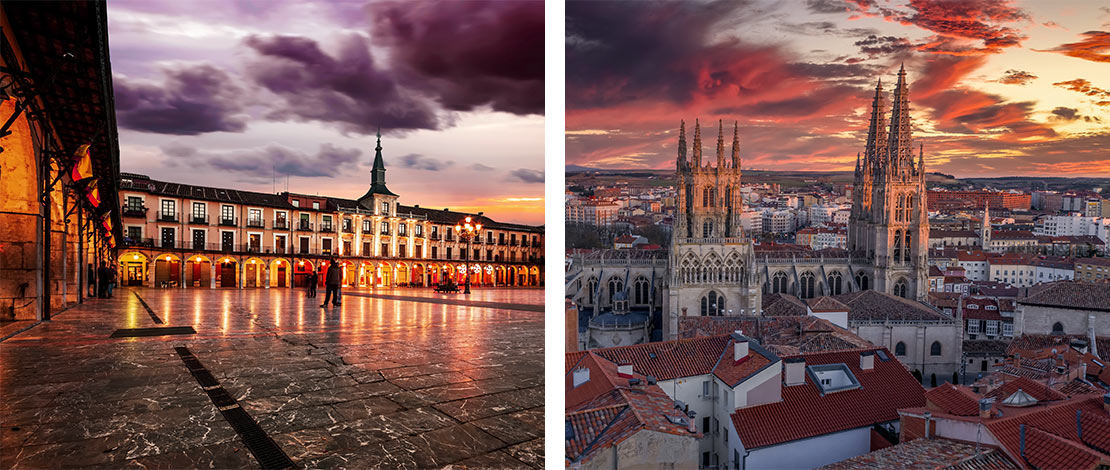 À gauche : Plaza Mayor de León / À droite : Vue de la ville de Burgos À gauche : Plaza Mayor de León / À droite : Vue de la ville de Burgos