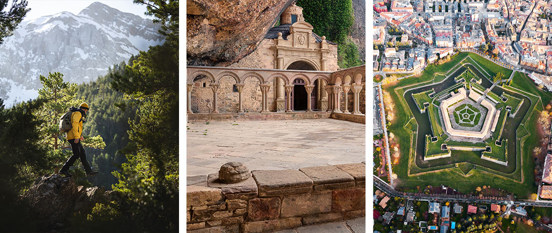 Des randonneurs à Hecho, un village aragonais à l'architecture populaire Des randonneurs à Hecho, un village aragonais à l'architecture populaire