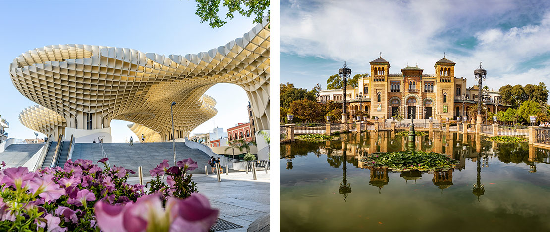 Izquierda: "Setas" Metropol de Sevilla / Derecha: Parque de María Luisa en Sevilla, Andalucía Izquierda: "Setas" Metropol de Sevilla / Derecha: Parque de María Luisa en Sevilla, Andalucía