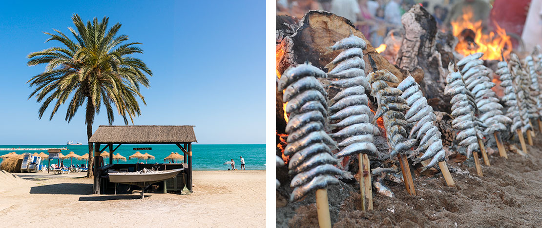 Plaża w Maladze i stragan z espetos w Maladze, Andaluzja Plaża w Maladze i stragan z espetos w Maladze, Andaluzja