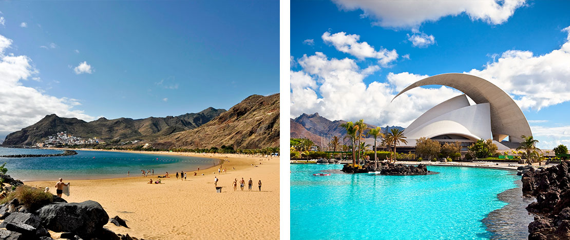 Esquerda: Praia de Las Teresitas / Direita: Parque Marítimo César Manrique em Santa Cruz de Tenerife, Ilhas Canárias Esquerda: Praia de Las Teresitas / Direita: Parque Marítimo César Manrique em Santa Cruz de Tenerife, Ilhas Canárias