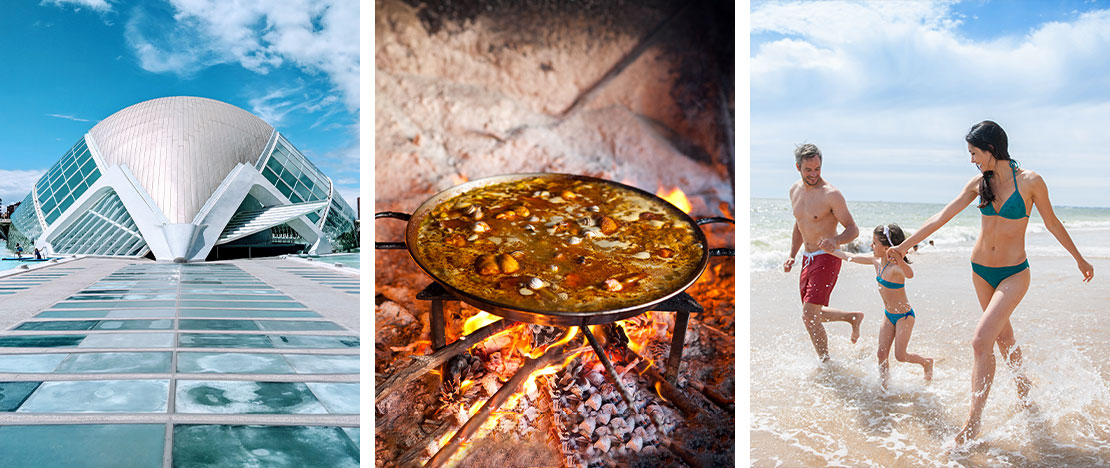 Esquerda: Cidade das Artes e das Ciências / Centro: Paella no fogo / Direita: Turistas na praia de Valência Esquerda: Cidade das Artes e das Ciências / Centro: Paella no fogo / Direita: Turistas na praia de Valência