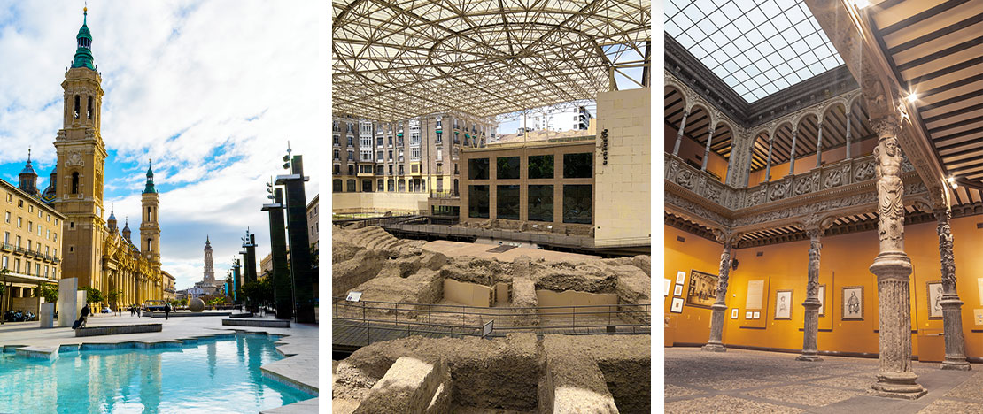 Esquerda: Praça do Pilar / Centro: Museu do Teatro Caesaraugusta © Hydra Viridis / Direita: Pátio da Infanta em Zaragoza, Aragón © Renata Sedmakova Esquerda: Praça do Pilar / Centro: Museu do Teatro Caesaraugusta © Hydra Viridis / Direita: Pátio da Infanta em Zaragoza, Aragón © Renata Sedmakova