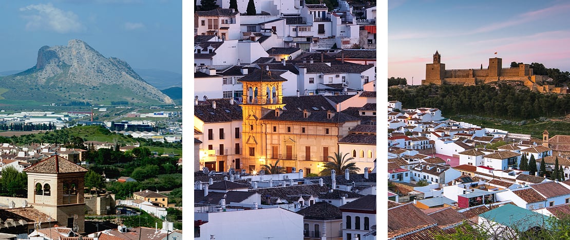 Links: Blick auf die Peña de los Enamorados von Antequera in Malaga, Andalusien / Mitte: Detail der Altstadt von Antequera in Málaga, Andalusien / Rechts: Ansichten der Alcazaba von Antequera in Malaga, Andalusien Links: Blick auf die Peña de los Enamorados von Antequera in Malaga, Andalusien / Mitte: Detail der Altstadt von Antequera in Málaga, Andalusien / Rechts: Ansichten der Alcazaba von Antequera in Malaga, Andalusien