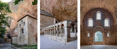 Po lewej: Widok na klasztor / centrum: Krużganek pochodzi z XII wieku / Po prawej: Detal okien górnego kościoła klasztoru San Juan de la Peña w Huesca, Aragonia Po lewej: Widok na klasztor / centrum: Krużganek pochodzi z XII wieku / Po prawej: Detal okien górnego kościoła klasztoru San Juan de la Peña w Huesca, Aragonia