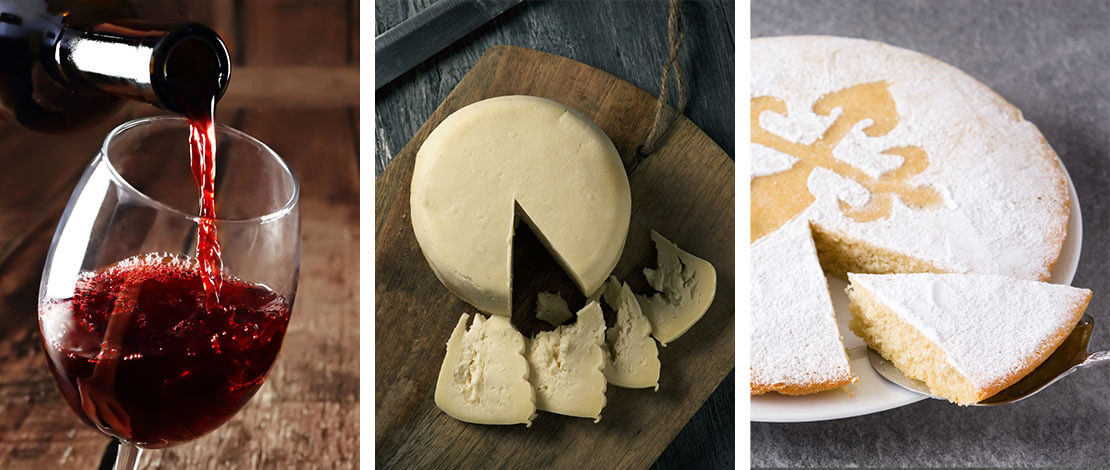 Alguns produtos típicos que podem ser encontrados ao longo do Caminho. Esquerda: Taça de vinho tinto / Centro: Queijo com denominação Arzua-Ulloa / Direita: Torta de Santiago