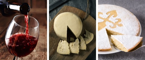Alguns produtos típicos que podem ser encontrados ao longo do Caminho. Esquerda: Taça de vinho tinto / Centro: Queijo com denominação Arzua-Ulloa / Direita: Torta de Santiago Alguns produtos típicos que podem ser encontrados ao longo do Caminho. Esquerda: Taça de vinho tinto / Centro: Queijo com denominação Arzua-Ulloa / Direita: Torta de Santiago