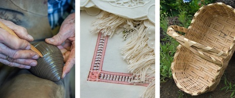 左:陶磁器を作る職人/中央:刺繍の細部/右:カナリア諸島ラ・パルマ島の伝統的な籠編み 左:陶磁器を作る職人/中央:刺繍の細部/右:カナリア諸島ラ・パルマ島の伝統的な籠編み