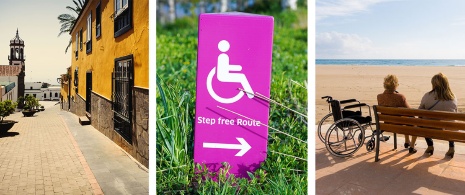À gauche : Rue accessible à San Cristóbal de La Laguna (© Turismo Tenerife) / Centre : Signalisation accessible indiquant un itinéraire sans marches (© Yomex Owo) / À droite : Tourisme accessible dans la zone de la plage. À gauche : Rue accessible à San Cristóbal de La Laguna (© Turismo Tenerife) / Centre : Signalisation accessible indiquant un itinéraire sans marches (© Yomex Owo) / À droite : Tourisme accessible dans la zone de la plage.