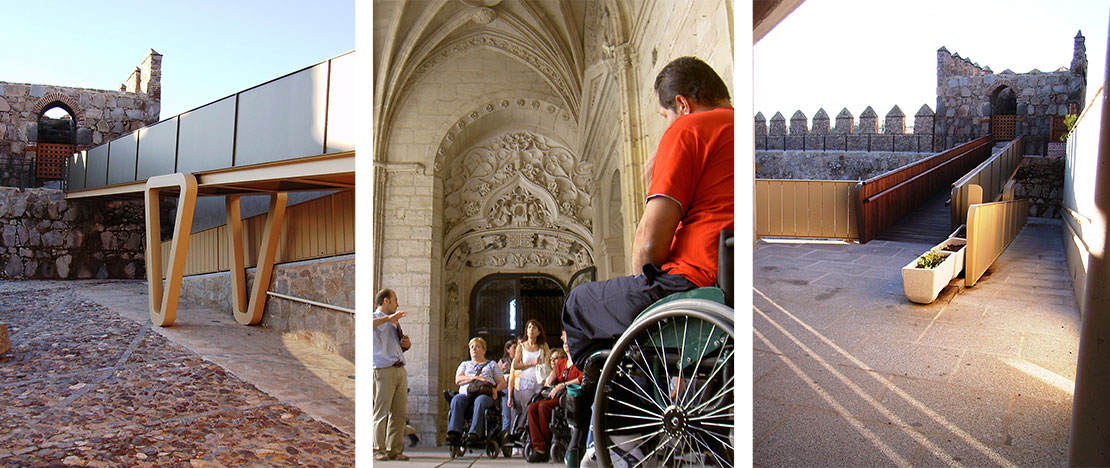 À gauche : Section accessible de la Muraille d'Ávila (© Ayto. de Ávila) /Centre : visite de Ségovie adaptée aux personnes à mobilité réduite (© Mairie de Ségovie) / À droite : Détail de la rampe d'accès à la muraille d'Ávila (© Ayto. de Ávila). À gauche : Section accessible de la Muraille d'Ávila (© Ayto. de Ávila) /Centre : visite de Ségovie adaptée aux personnes à mobilité réduite (© Mairie de Ségovie) / À droite : Détail de la rampe d'accès à la muraille d'Ávila (© Ayto. de Ávila).