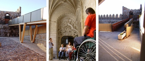 À gauche : Section accessible de la Muraille d'Ávila (© Ayto. de Ávila) /Centre : visite de Ségovie adaptée aux personnes à mobilité réduite (© Mairie de Ségovie) / À droite : Détail de la rampe d'accès à la muraille d'Ávila (© Ayto. de Ávila). À gauche : Section accessible de la Muraille d'Ávila (© Ayto. de Ávila) /Centre : visite de Ségovie adaptée aux personnes à mobilité réduite (© Mairie de Ségovie) / À droite : Détail de la rampe d'accès à la muraille d'Ávila (© Ayto. de Ávila).