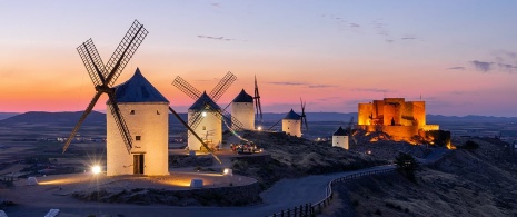 View of the windmills in Consuegra, Toledo, Castile-La Mancha View of the windmills in Consuegra, Toledo, Castile-La Mancha
