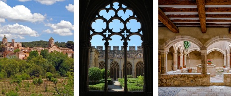 Po lewej: Widok na klasztor / centrum: XIV-wieczny gotycki krużganek / Po prawej: Krużganek pałacu opata w klasztorze Santes Creus w Tarragonie w Katalonii. Po lewej: Widok na klasztor / centrum: XIV-wieczny gotycki krużganek / Po prawej: Krużganek pałacu opata w klasztorze Santes Creus w Tarragonie w Katalonii.