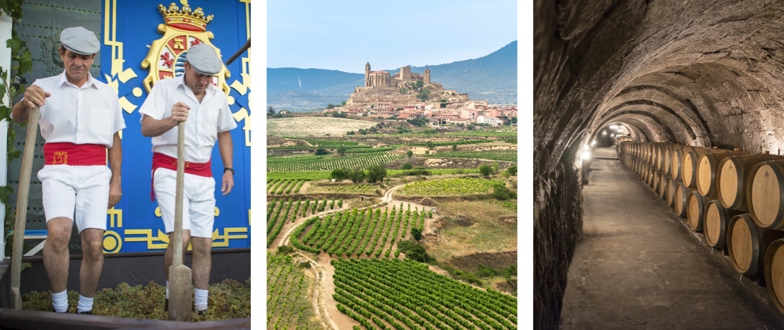 Esquerda: cerimônia de abertura da Festa da Vindima de Jerez de la Frontera em Cádiz, Andaluzia ©KikoStock / Centro: vista dos vinhedos de San Vicente de la Sonsierra, La Rioja / Direita: detalhe das vinícolas subterrâneas da Ribeira do Douro, Castilla y León ©Chiyacat Esquerda: cerimônia de abertura da Festa da Vindima de Jerez de la Frontera em Cádiz, Andaluzia ©KikoStock / Centro: vista dos vinhedos de San Vicente de la Sonsierra, La Rioja / Direita: detalhe das vinícolas subterrâneas da Ribeira do Douro, Castilla y León ©Chiyacat