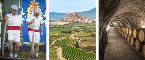 Esquerda: cerimônia de abertura da Festa da Vindima de Jerez de la Frontera em Cádiz, Andaluzia ©KikoStock / Centro: vista dos vinhedos de San Vicente de la Sonsierra, La Rioja / Direita: detalhe das vinícolas subterrâneas da Ribeira do Douro, Castilla y León ©Chiyacat Esquerda: cerimônia de abertura da Festa da Vindima de Jerez de la Frontera em Cádiz, Andaluzia ©KikoStock / Centro: vista dos vinhedos de San Vicente de la Sonsierra, La Rioja / Direita: detalhe das vinícolas subterrâneas da Ribeira do Douro, Castilla y León ©Chiyacat