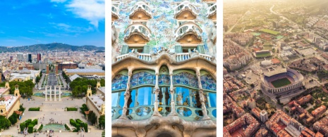 Vista de la ciudad desde Montjuïc, detalle de la Casa Batlló y vista del Camp Nou y Palau Blaugrana de Barcelona, Cataluña © Centro: Luciano Mortula / Derecha: Marchello74 Vista de la ciudad desde Montjuïc, detalle de la Casa Batlló y vista del Camp Nou y Palau Blaugrana de Barcelona, Cataluña © Centro: Luciano Mortula / Derecha: Marchello74