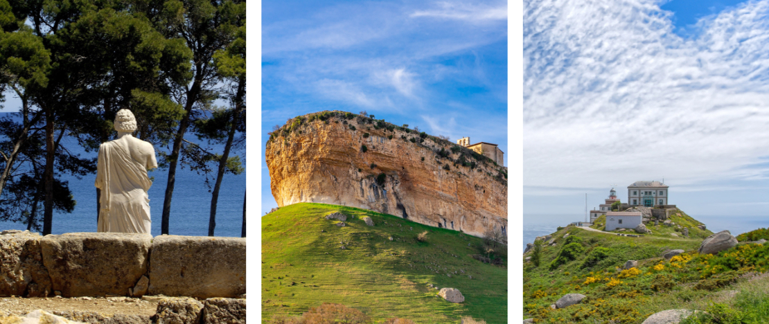 Sinistra: Particolare dell’Esculapio presso le rovine greche di Empuries a Girona, Catalogna / Centro: Veduta dell’Eremo di San Pantaleón de Losa a Burgos, Castiglia e León / Destra: Capo Finisterre ad A Coruña, Galizia Sinistra: Particolare dell’Esculapio presso le rovine greche di Empuries a Girona, Catalogna / Centro: Veduta dell’Eremo di San Pantaleón de Losa a Burgos, Castiglia e León / Destra: Capo Finisterre ad A Coruña, Galizia