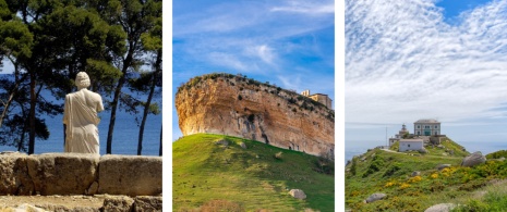 Sinistra: Particolare dell’Esculapio presso le rovine greche di Empuries a Girona, Catalogna / Centro: Veduta dell’Eremo di San Pantaleón de Losa a Burgos, Castiglia e León / Destra: Capo Finisterre ad A Coruña, Galizia Sinistra: Particolare dell’Esculapio presso le rovine greche di Empuries a Girona, Catalogna / Centro: Veduta dell’Eremo di San Pantaleón de Losa a Burgos, Castiglia e León / Destra: Capo Finisterre ad A Coruña, Galizia
