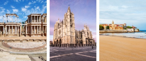Sinistra: Teatro romano di Mérida, Estremadura / Centro: Veduta della Cattedrale di León, Castiglia e León / Destra: Veduta della spiaggia di Gijón, Asturie Sinistra: Teatro romano di Mérida, Estremadura / Centro: Veduta della Cattedrale di León, Castiglia e León / Destra: Veduta della spiaggia di Gijón, Asturie
