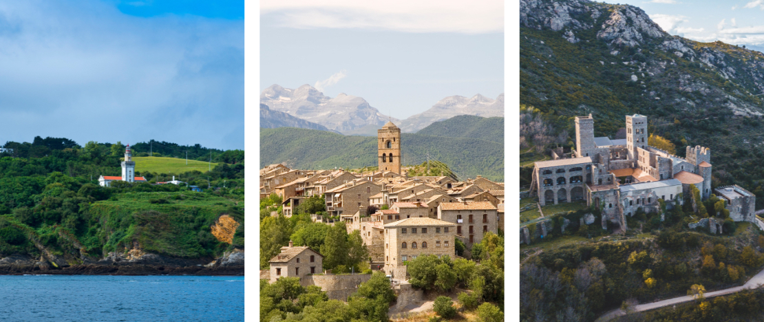 Sinistra: Faro di Higer a Hondarribia, Guipúzcoa, Paesi Baschi / Centro: Particolare della località di Aínsa, Huesca, Aragona / Destra: Monastero di Sant Pere de Rodes a Girona, Catalogna Sinistra: Faro di Higer a Hondarribia, Guipúzcoa, Paesi Baschi / Centro: Particolare della località di Aínsa, Huesca, Aragona / Destra: Monastero di Sant Pere de Rodes a Girona, Catalogna