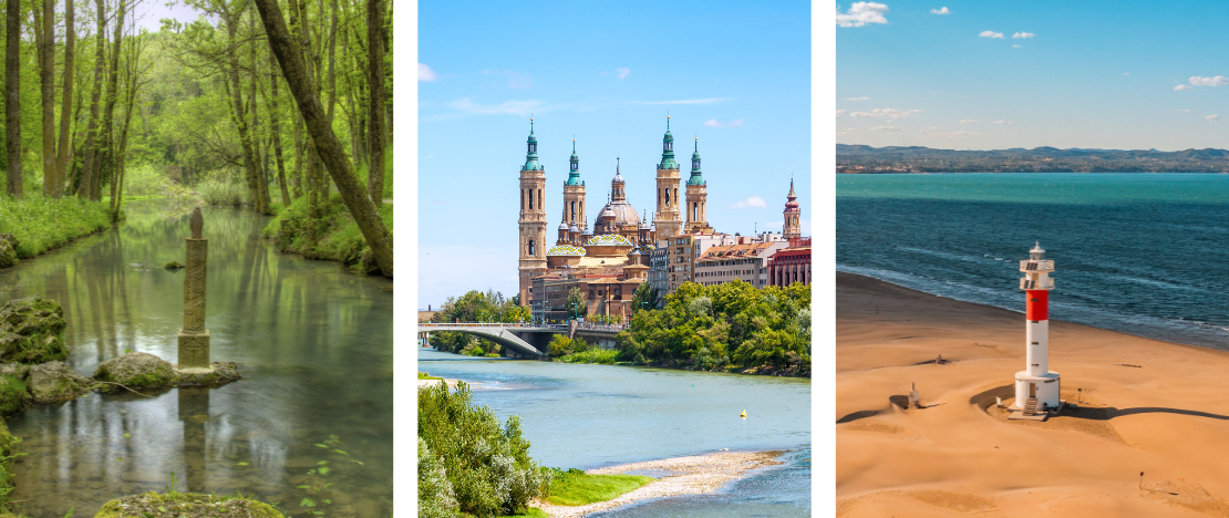Sinistra: Sorgente dell’Ebro a Fontibre, presso la località di Hermandad de Campoo de Suso, Cantabria / Centro: Veduta della Basilica di Nuestra Señora del Pilar a Saragozza, Aragona / Destra: Faro del Fangar presso il Delta dell'Ebro a Tarragona, Catalogna Sinistra: Sorgente dell’Ebro a Fontibre, presso la località di Hermandad de Campoo de Suso, Cantabria / Centro: Veduta della Basilica di Nuestra Señora del Pilar a Saragozza, Aragona / Destra: Faro del Fangar presso il Delta dell'Ebro a Tarragona, Catalogna