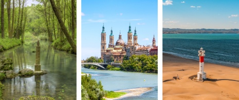 Sinistra: Sorgente dell’Ebro a Fontibre, presso la località di Hermandad de Campoo de Suso, Cantabria / Centro: Veduta della Basilica di Nuestra Señora del Pilar a Saragozza, Aragona / Destra: Faro del Fangar presso il Delta dell'Ebro a Tarragona, Catalogna Sinistra: Sorgente dell’Ebro a Fontibre, presso la località di Hermandad de Campoo de Suso, Cantabria / Centro: Veduta della Basilica di Nuestra Señora del Pilar a Saragozza, Aragona / Destra: Faro del Fangar presso il Delta dell'Ebro a Tarragona, Catalogna