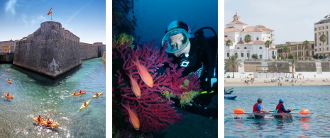 Izquierda: Turistas en kayak en el foso de las Murallas Reales / Centro: Submarinista en el fondo marítimo de Ceuta / Derecha: Pareja en kayak en la playa de la Ribera Izquierda: Turistas en kayak en el foso de las Murallas Reales / Centro: Submarinista en el fondo marítimo de Ceuta / Derecha: Pareja en kayak en la playa de la Ribera