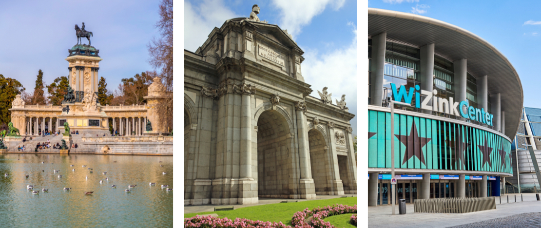 Parque del Retiro, Puerta de Alcalá y detalle del WiZink Center de Madrid, Comunidad de Madrid © Izquierda: Color Maker / Derecha: Javierglezphoto Parque del Retiro, Puerta de Alcalá y detalle del WiZink Center de Madrid, Comunidad de Madrid © Izquierda: Color Maker / Derecha: Javierglezphoto