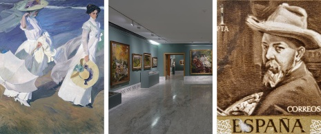 Left: ‘Walk by the Sea’, painting by Sorolla / Centre: The Sorolla Room at the Valencia Museum of Fine Arts © Museo de Bellas Artes de Valencia / Right: Stamp showing a self portrait by Sorolla © Neftali, c. 1964 Left: ‘Walk by the Sea’, painting by Sorolla / Centre: The Sorolla Room at the Valencia Museum of Fine Arts © Museo de Bellas Artes de Valencia / Right: Stamp showing a self portrait by Sorolla © Neftali, c. 1964