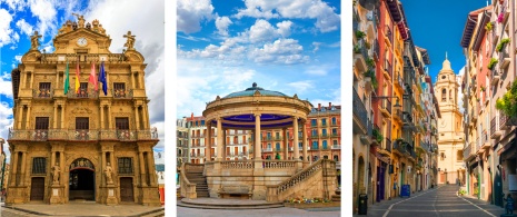 Left: View of the City Hall of Pamplona/Centre: Kiosk at the Plaza del Castillo in Pamplona/Right: Detail of the cathedral of Santa María de la Asunción in Pamplona, Navarre Left: View of the City Hall of Pamplona/Centre: Kiosk at the Plaza del Castillo in Pamplona/Right: Detail of the cathedral of Santa María de la Asunción in Pamplona, Navarre