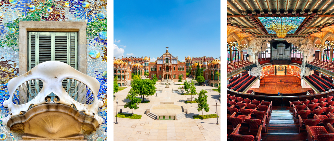 Izquierda: Detalle de la Casa Batlló © Aliona Birukova / Centro: Recinto Modernisa de Sant Pau / Derecha: Palau de la Música en Barcelona, Cataluña © Kritikos Izquierda: Detalle de la Casa Batlló © Aliona Birukova / Centro: Recinto Modernisa de Sant Pau / Derecha: Palau de la Música en Barcelona, Cataluña © Kritikos