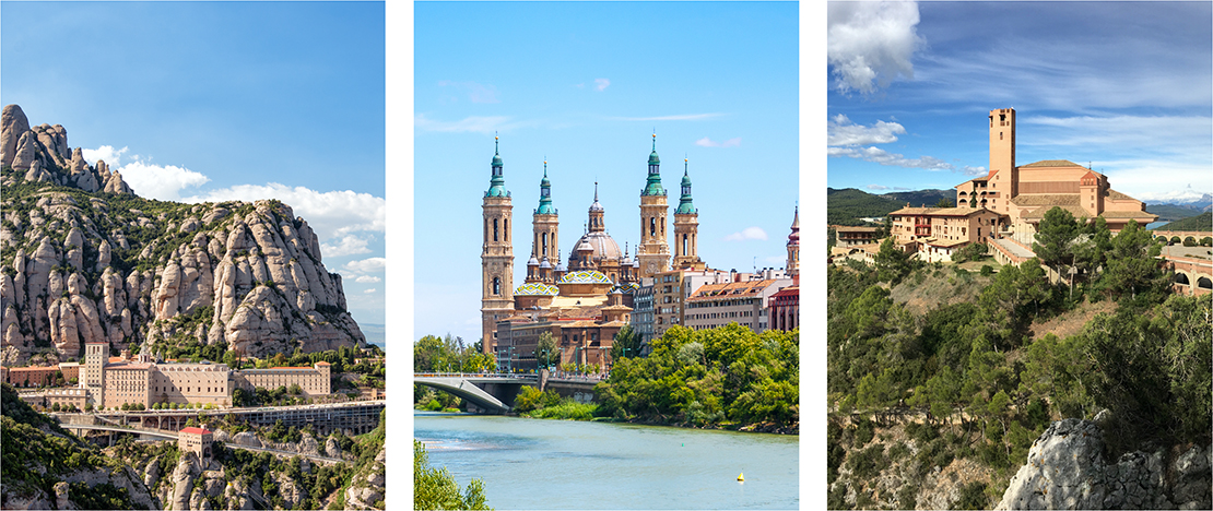Izquierda: Monasterio de Montserrat en Barcelona, Cataluña / Centro: Basílica de Nuestra Señora del Pilar en Zaragoza, Aragón / Derecha: Santuario de Torreciudad en Huesca, Aragón Izquierda: Monasterio de Montserrat en Barcelona, Cataluña / Centro: Basílica de Nuestra Señora del Pilar en Zaragoza, Aragón / Derecha: Santuario de Torreciudad en Huesca, Aragón