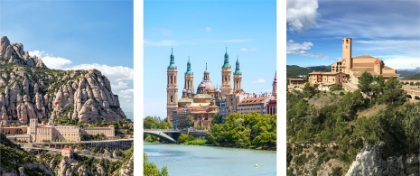 Izquierda: Monasterio de Montserrat en Barcelona, Cataluña / Centro: Basílica de Nuestra Señora del Pilar en Zaragoza, Aragón / Derecha: Santuario de Torreciudad en Huesca, Aragón Izquierda: Monasterio de Montserrat en Barcelona, Cataluña / Centro: Basílica de Nuestra Señora del Pilar en Zaragoza, Aragón / Derecha: Santuario de Torreciudad en Huesca, Aragón