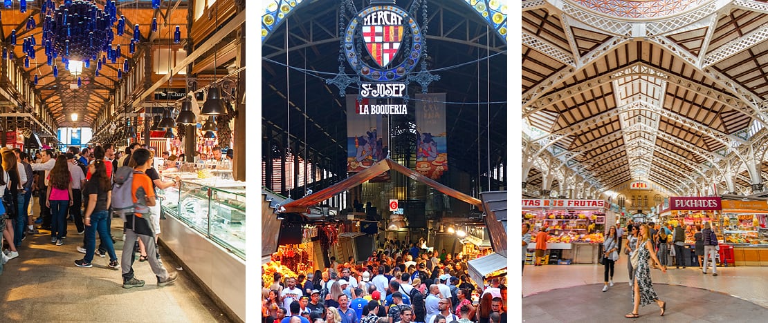 Esquerda: Detalhe do Mercado de San Miguel em Madri, Comunidade de Madri / Centro: Entrada da Boqueria em Barcelona, ​​​​Catalunha / Direita: Vista do Mercado Central de Valência, Comunidade Valenciana