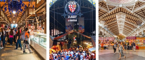 Esquerda: Detalhe do Mercado de San Miguel em Madri, Comunidade de Madri / Centro: Entrada da Boqueria em Barcelona, Catalunha / Direita: Vista do Mercado Central de Valência, Comunidade Valenciana Esquerda: Detalhe do Mercado de San Miguel em Madri, Comunidade de Madri / Centro: Entrada da Boqueria em Barcelona, Catalunha / Direita: Vista do Mercado Central de Valência, Comunidade Valenciana