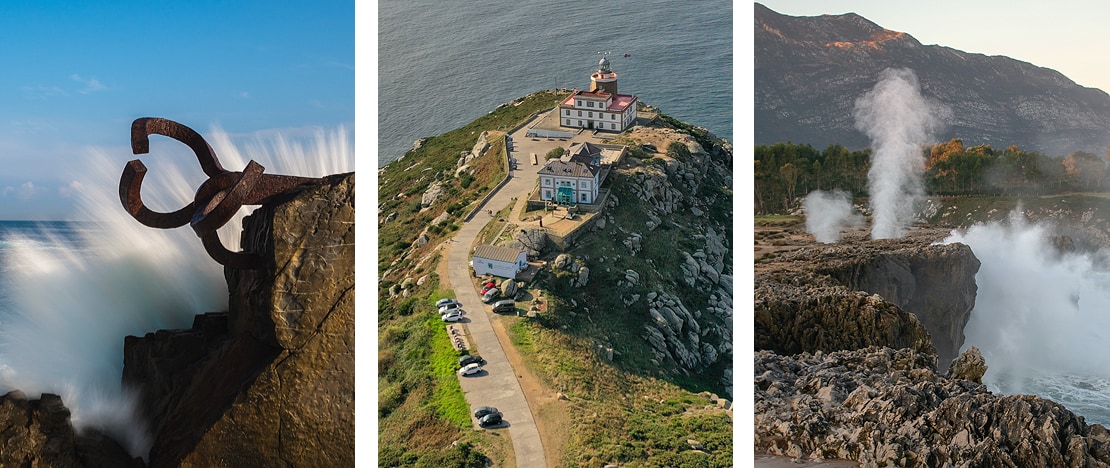 Esquerda: Detalhe do Pente do Vento de Donostia-San Sebastián em Guipúzcoa, País Basco / Centro: Vista do farol de Finisterra em La Coruña, Galiza / Direita: Bufones de Pría, Astúrias