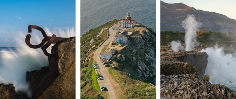 Esquerda: Detalhe do Pente do Vento de Donostia-San Sebastián em Guipúzcoa, País Basco / Centro: Vista do farol de Finisterra em La Coruña, Galiza / Direita: Bufones de Pría, Astúrias Esquerda: Detalhe do Pente do Vento de Donostia-San Sebastián em Guipúzcoa, País Basco / Centro: Vista do farol de Finisterra em La Coruña, Galiza / Direita: Bufones de Pría, Astúrias